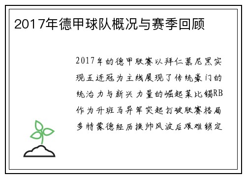 2017年德甲球队概况与赛季回顾