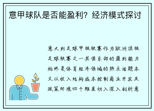 意甲球队是否能盈利？经济模式探讨