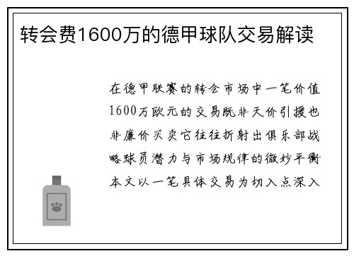 转会费1600万的德甲球队交易解读