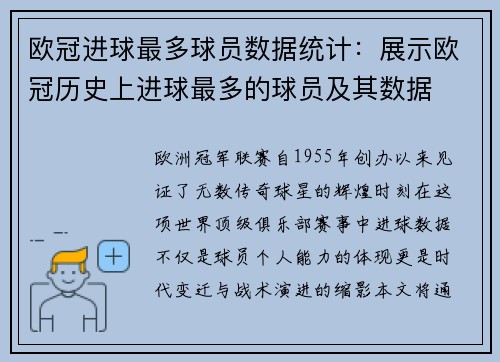 欧冠进球最多球员数据统计：展示欧冠历史上进球最多的球员及其数据